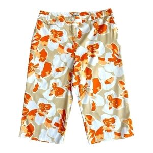 Women’s Capris Chico’s Orange Tan White Floral Print Fitted Capri Pants